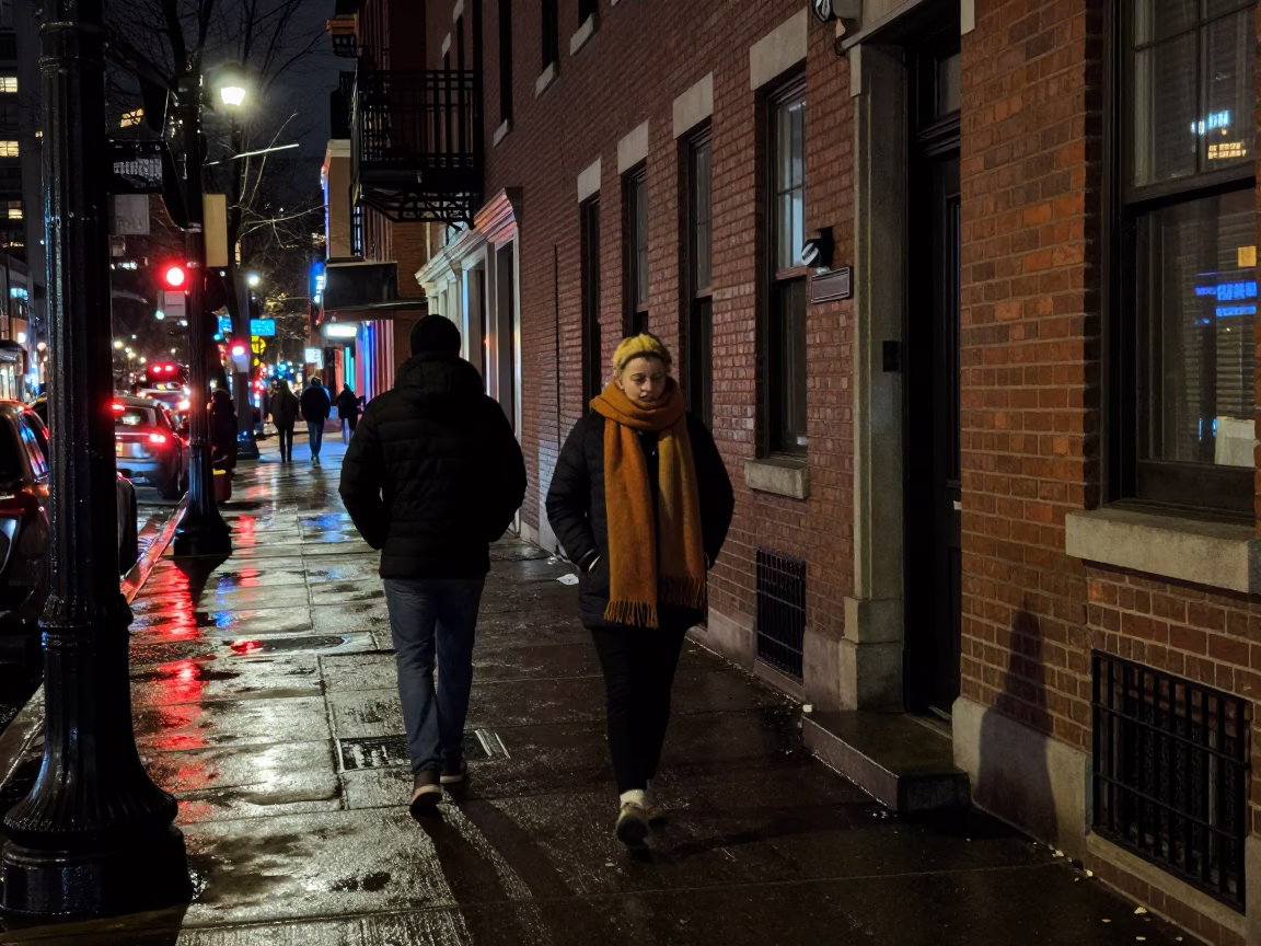 Late Night Boston Street Scene with Wool Scarves and Urban Nightlife in in Boston, Massachusetts, United States