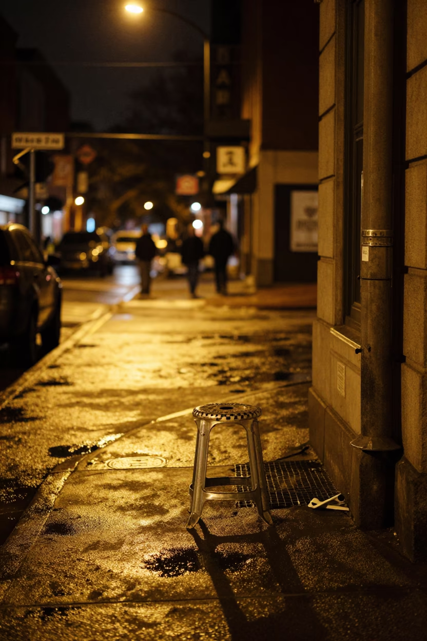 Late Night Boston Street Scene with Work Stool and Wrench Under Streetlight in in Boston, Massachusetts, United States