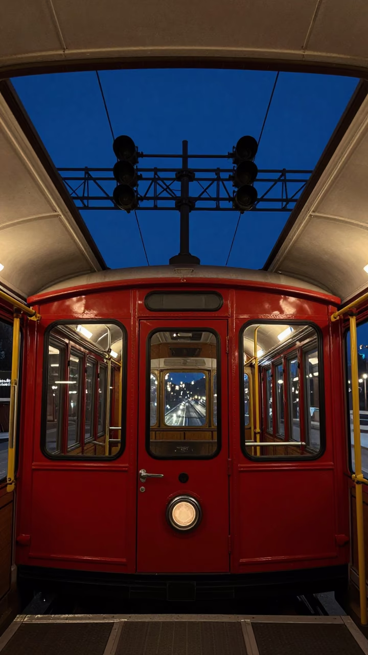 Late Night Boston Trolley Car Interior with Signal Gantry and Urban Mist in in Boston, Massachusetts, United States
