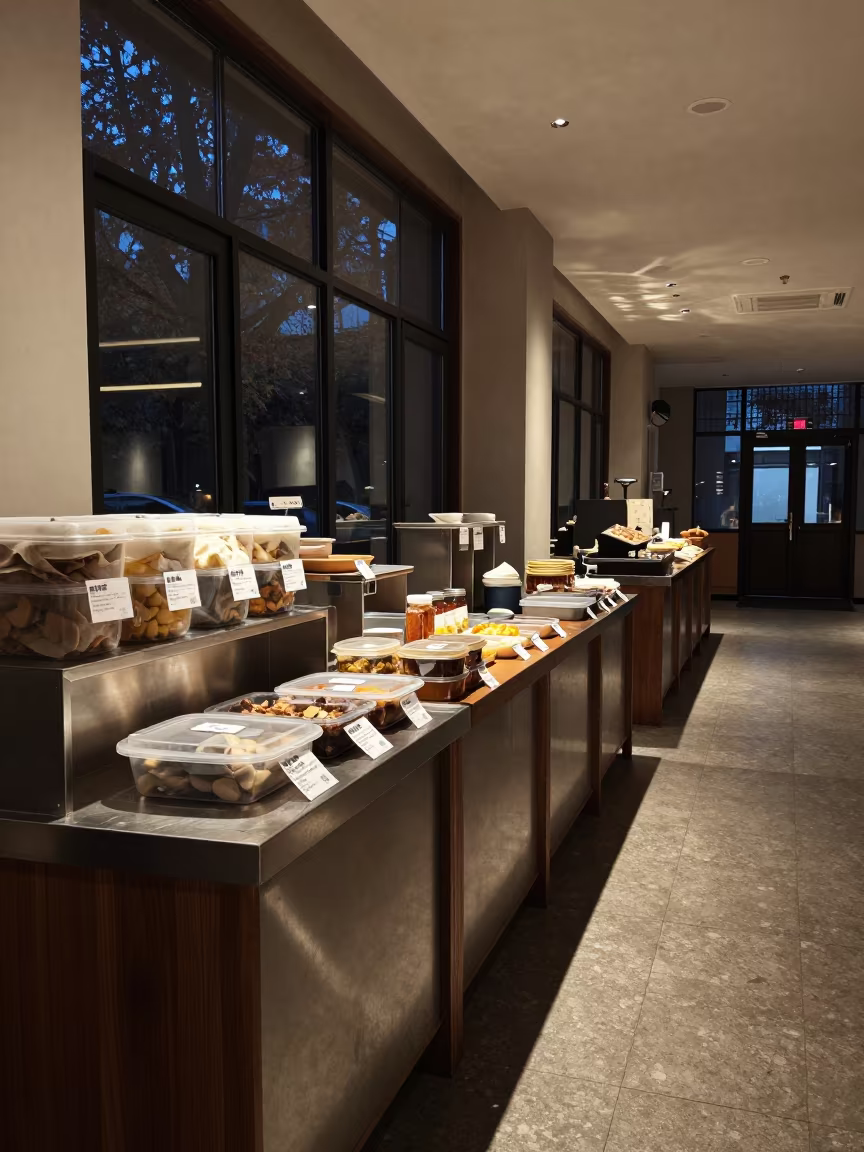 Late Night Breakfast Station in Xi'an Corridor in inside a breakfast room before opening in Xian