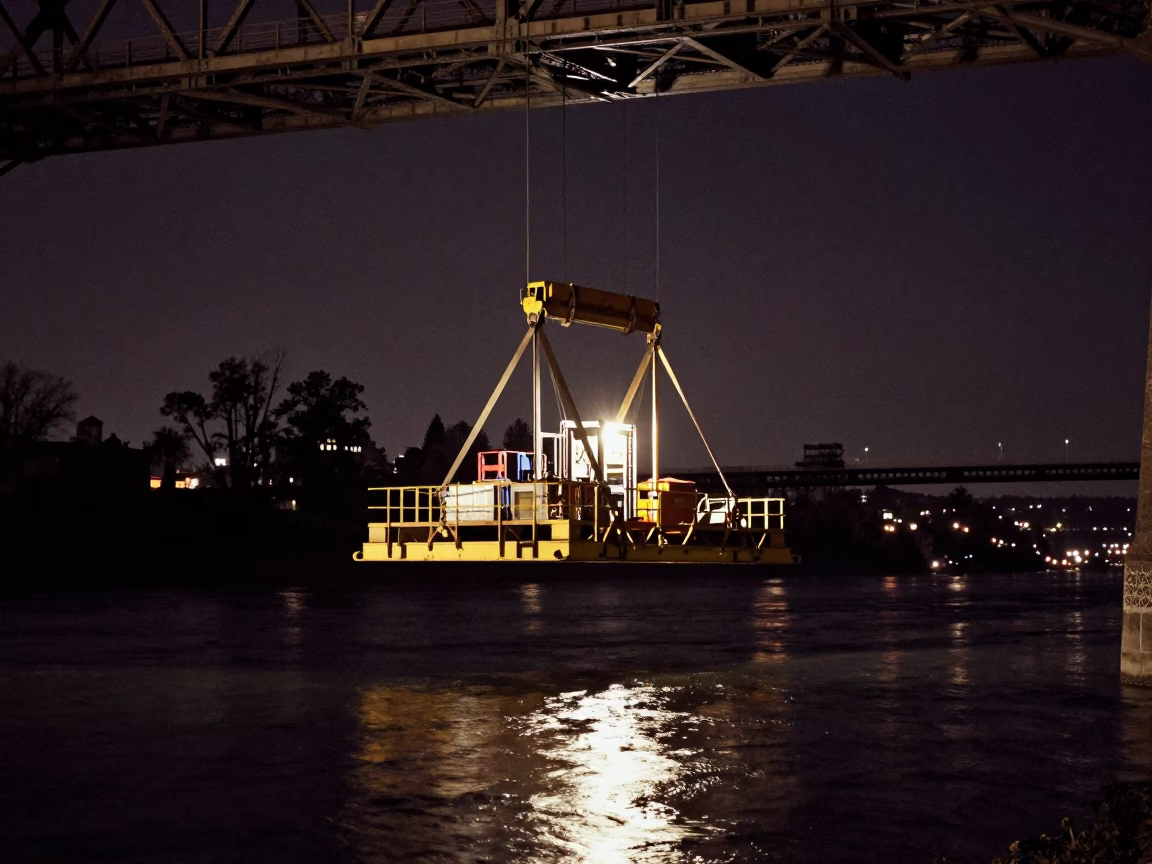 Late Night Bridge Maintenance Cradle Over Cold River Water in Portland Oregon in in Portland, Oregon, United States