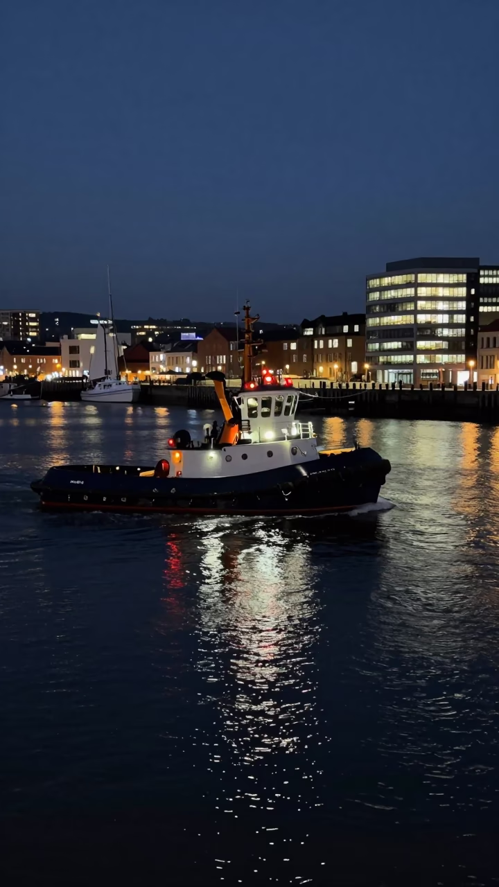 Late Night Bristol Harbour Scene with Tugboat and Urban Street Elements in in Bristol, United Kingdom