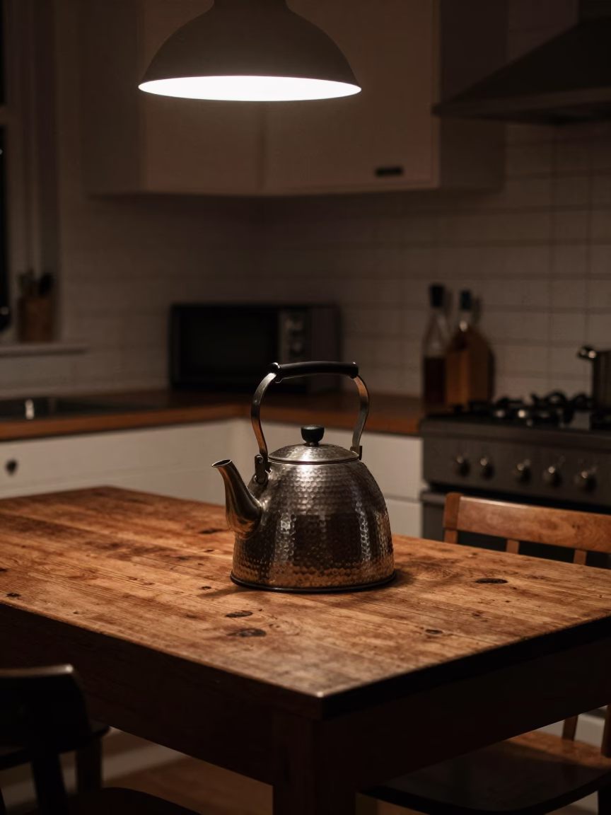 Late Night Bristol Kitchen Scene with Hammered Metal and Woven Baskets in in Bristol, United Kingdom