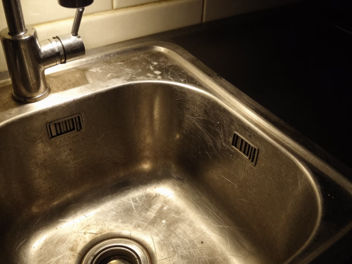 Late Night Bristol Kitchen Sink Detail with Scratches and Soap Residue in in Bristol, United Kingdom