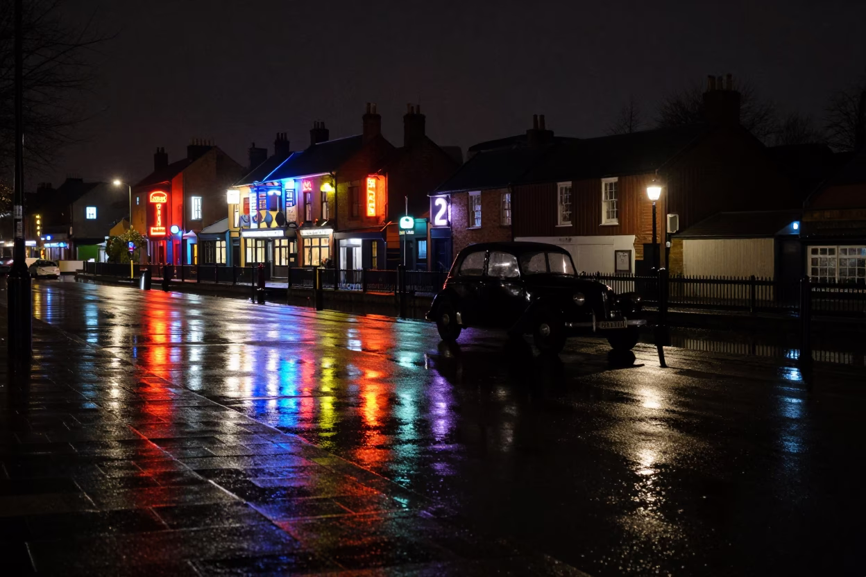 Late Night Bristol Quay Wet Pavement Reflections Vintage Car and Urban Canalside Atmosphere in in Bristol, United Kingdom