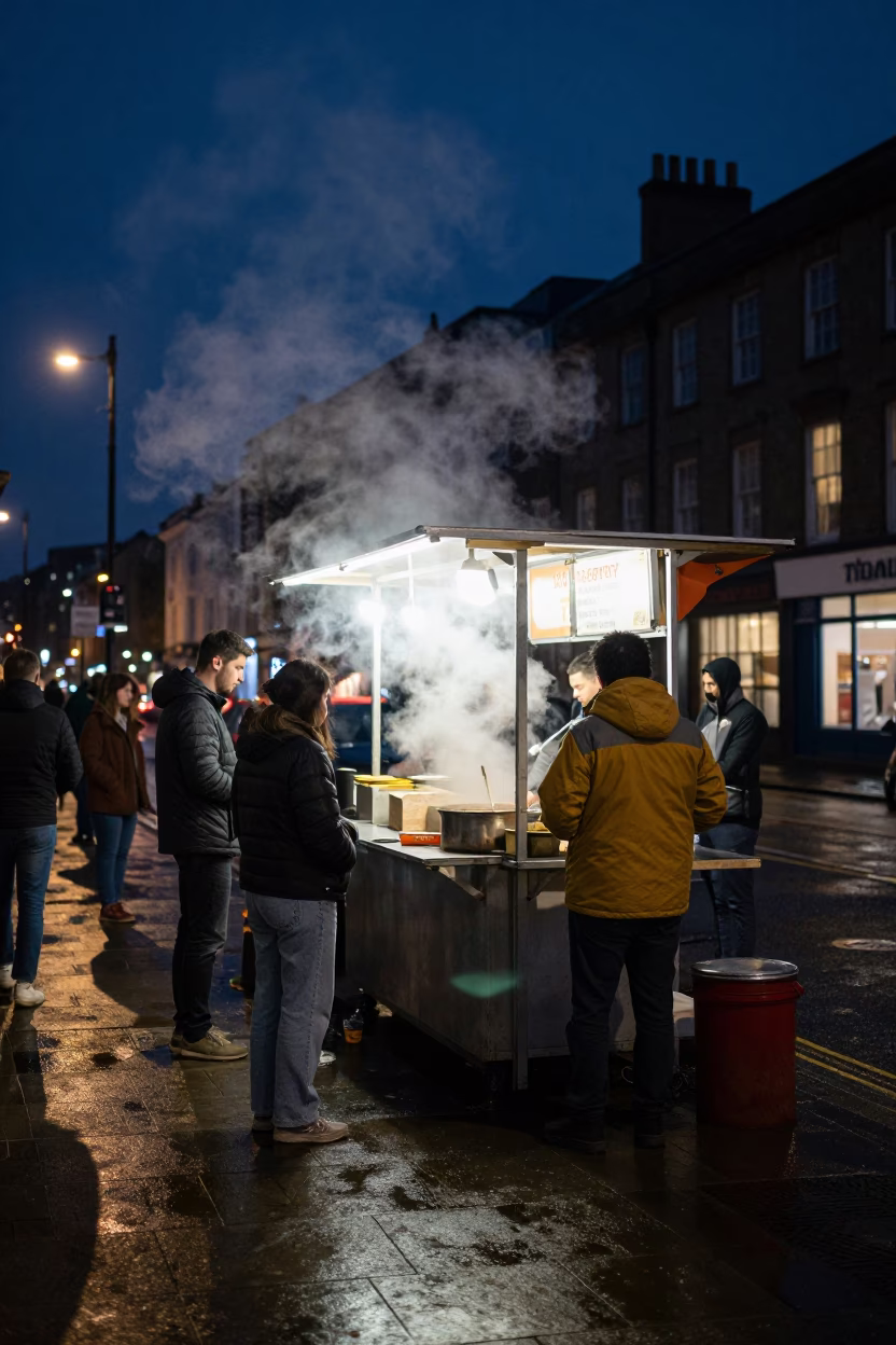Late Night Bristol Street Food Scene with Steam and Urban Atmosphere in in Bristol, United Kingdom