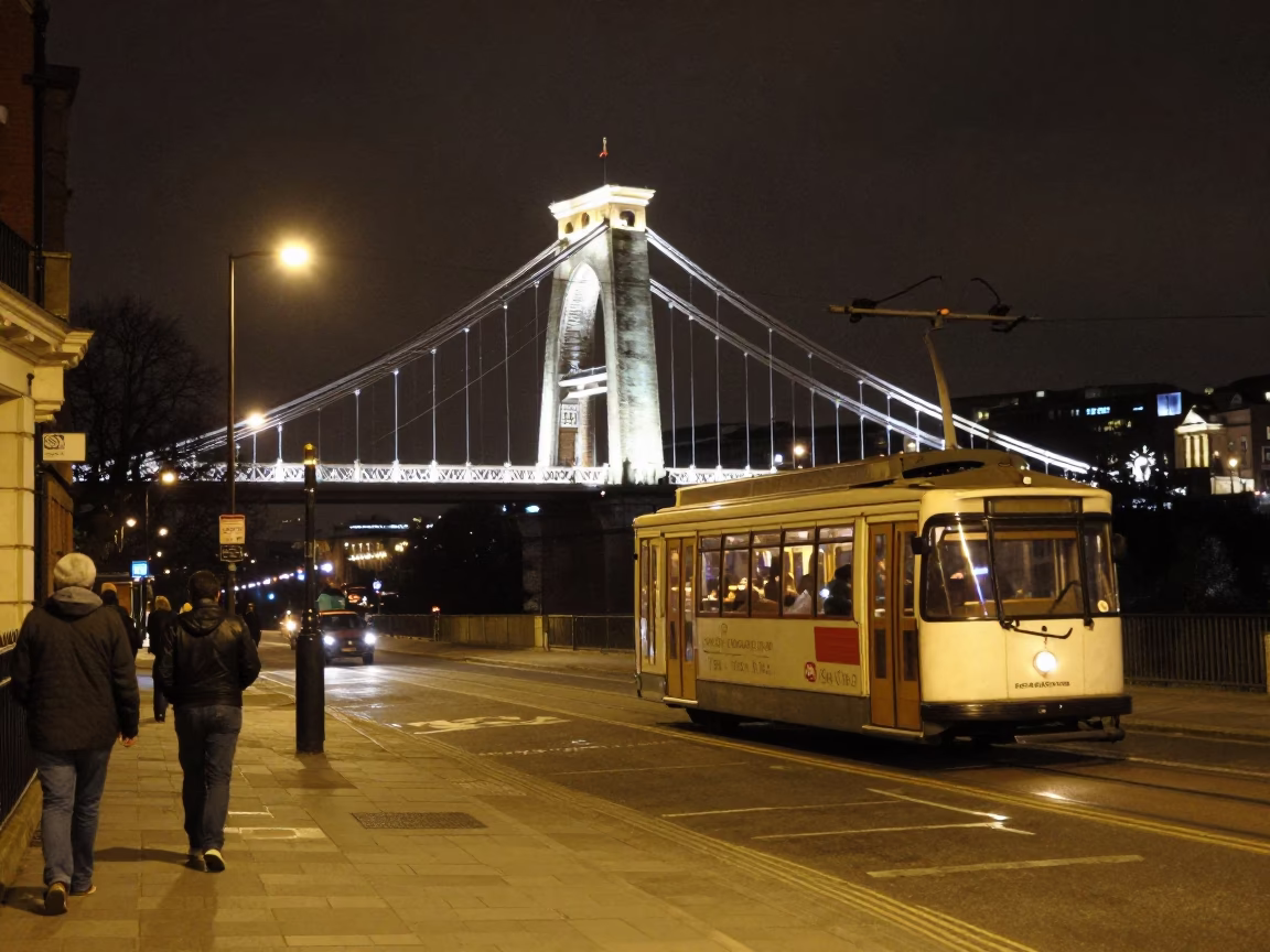 Late Night Bristol Street Scene with Cable Car and Bottle Reflections in in Bristol, United Kingdom
