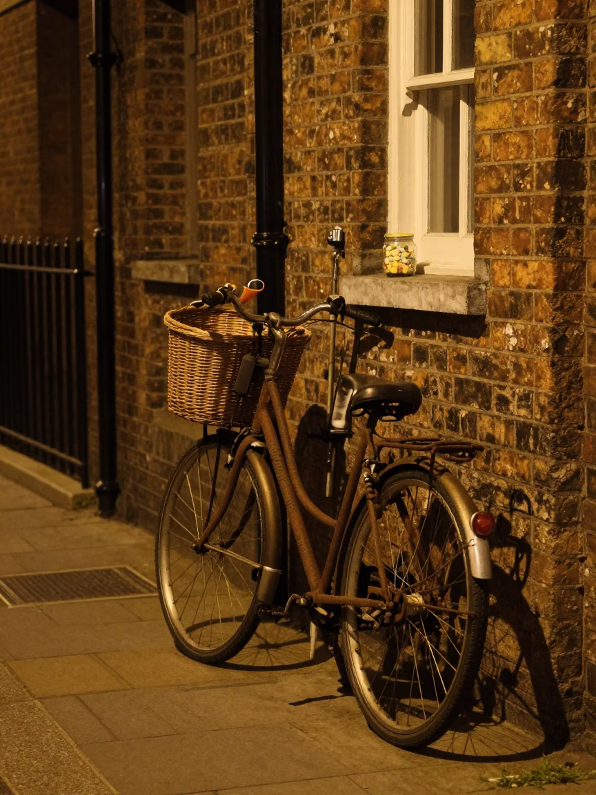 Late Night Bristol Street Scene with Clothespin Jar and Bicycle in in Bristol, United Kingdom