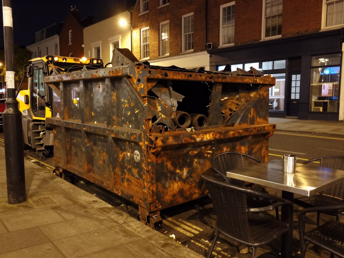 Late Night Bristol Street Scene with Demolition Dumpster and Brushed Steel Tabletop in in Bristol, United Kingdom