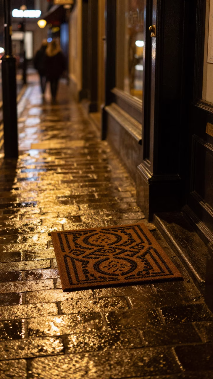 Late Night Bristol Street Scene with Doormat and Urban Reflections in in Bristol, United Kingdom