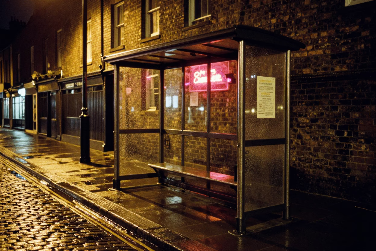 Late Night Bristol Street Scene with Hammered Metal and Colorful Details in in Bristol, United Kingdom