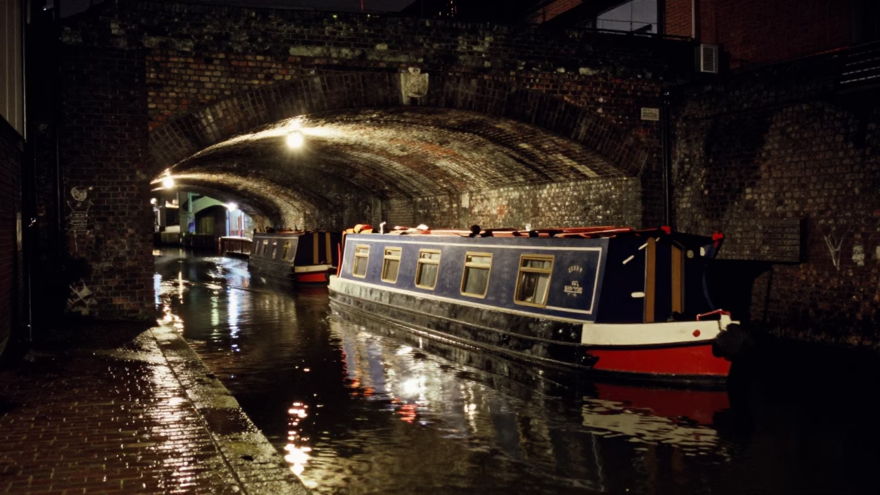 Late Night Bristol Street Scene with Narrowboat and Urban Reflections in in Bristol, United Kingdom