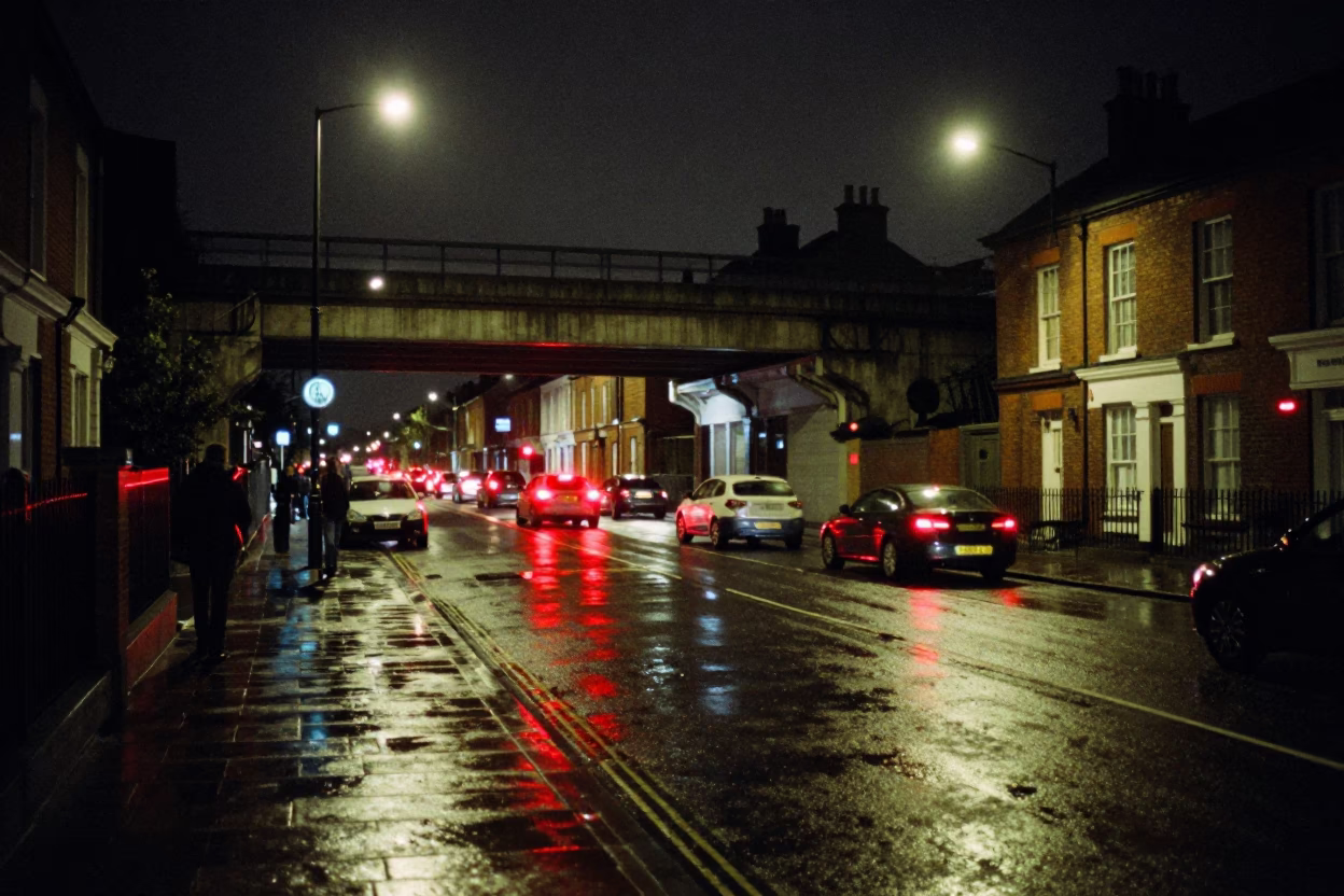 Late Night Bristol Street Scene with Overpass Interchange and Taillight Streaks in in Bristol, United Kingdom
