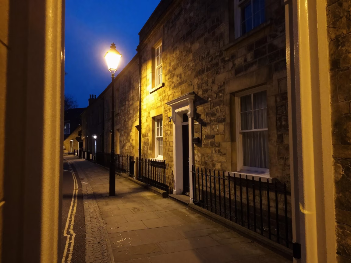 Late Night Bristol Street Scene with Smudges on Doorframe and Clematis Vine in in Bristol, United Kingdom