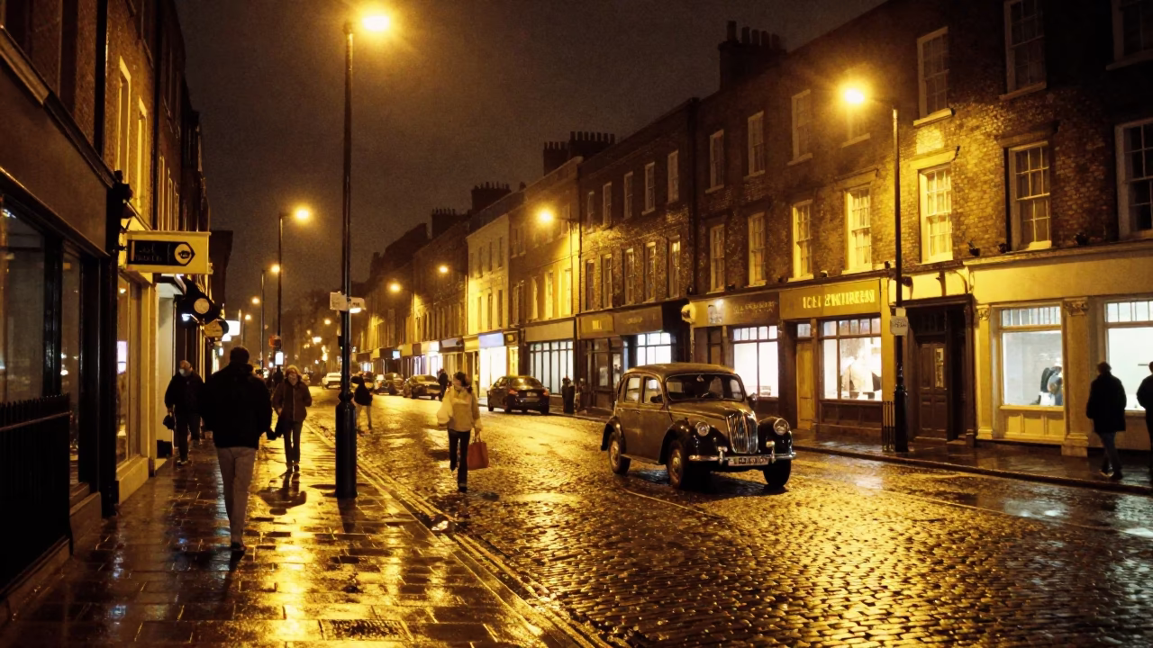 Late Night Bristol Street Scene with Vintage Car and Empty Basket in in Bristol, United Kingdom