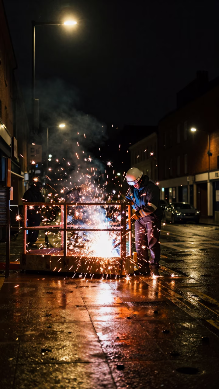 Late Night Bristol Street Scene with Welding Sparks and Vintage Atmosphere in in Bristol, United Kingdom