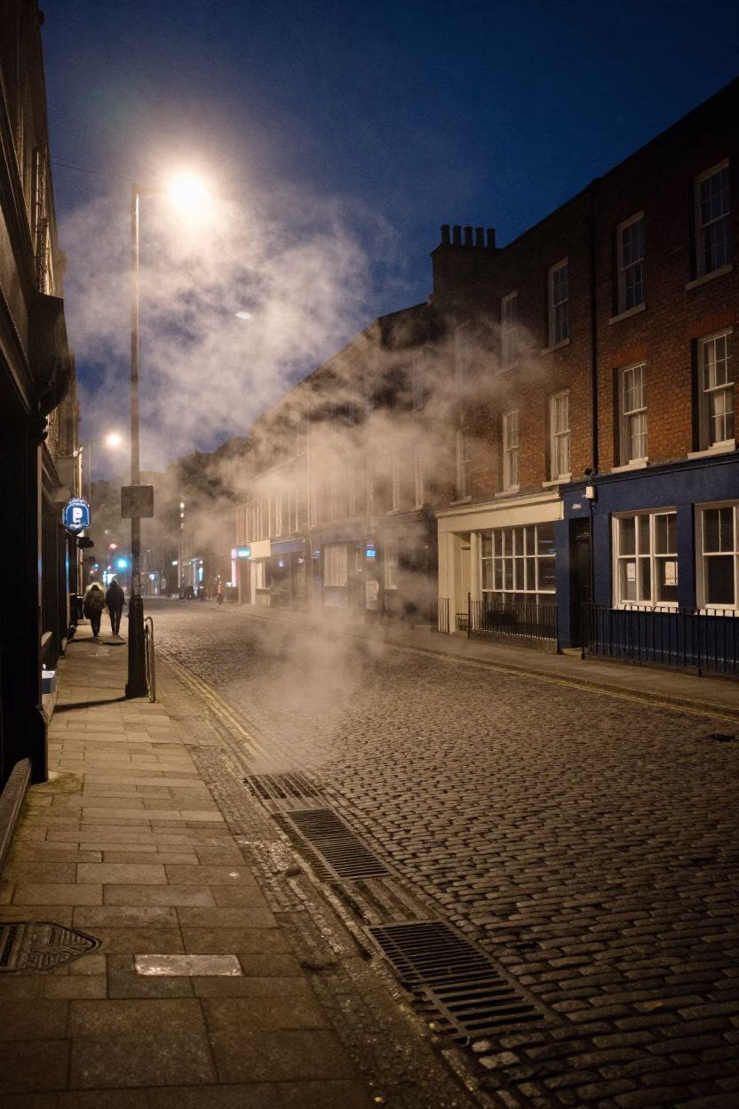 Late Night Bristol Urban Landscape with Steam Haze and Street Lights in in Bristol, United Kingdom