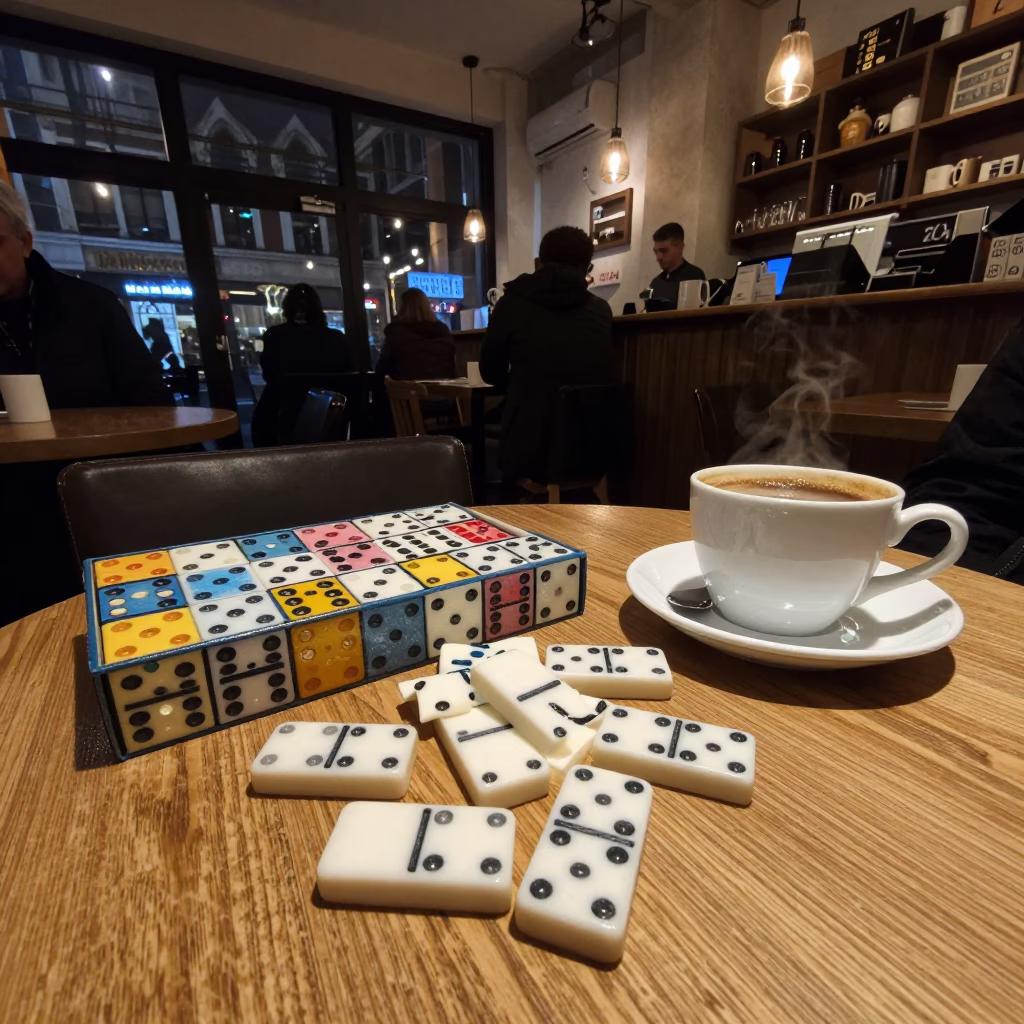 Late Night Brussels Cafe Interior with Dominoes and Coffee Cups in 1970s Belgium in in Brussels, Belgium
