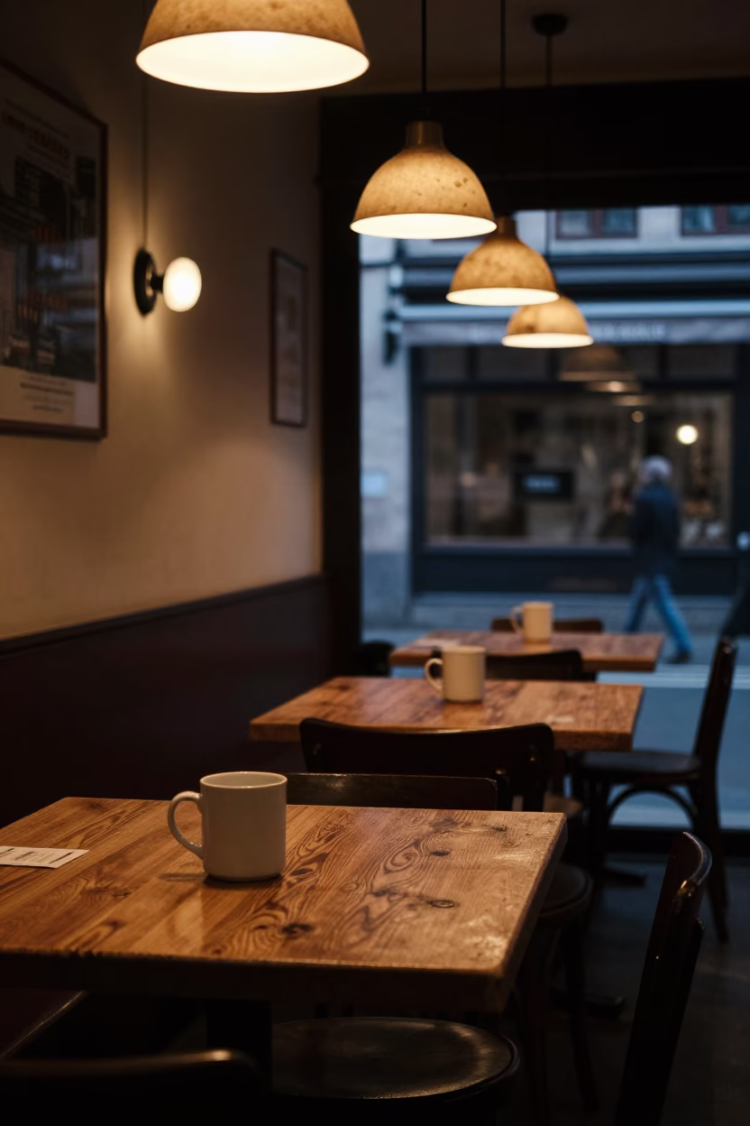Late Night Brussels Cafe Interior with Wooden Table and Empty Mug in in Brussels, Belgium