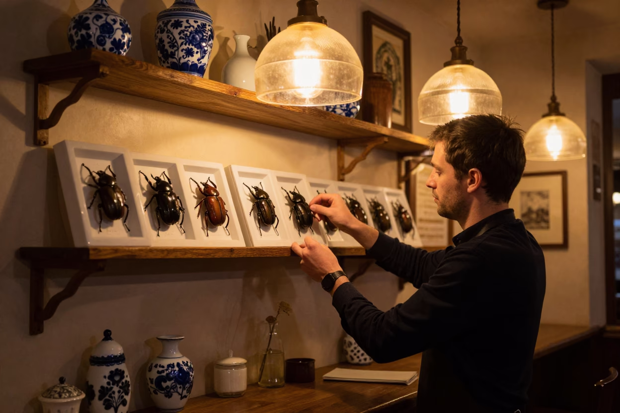 Late Night Brussels Cafe Shelf Bracket and Blue Porcelain Plate Under Warm Lamp Light in in Brussels, Belgium