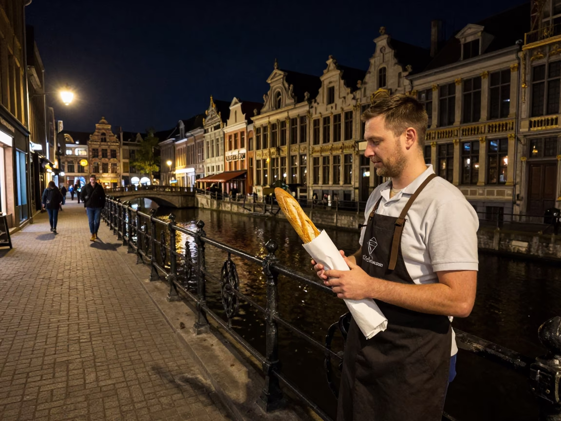 Late Night Brussels Canal Street Scene with Baguettes and Urban Reflections in in Brussels, Belgium
