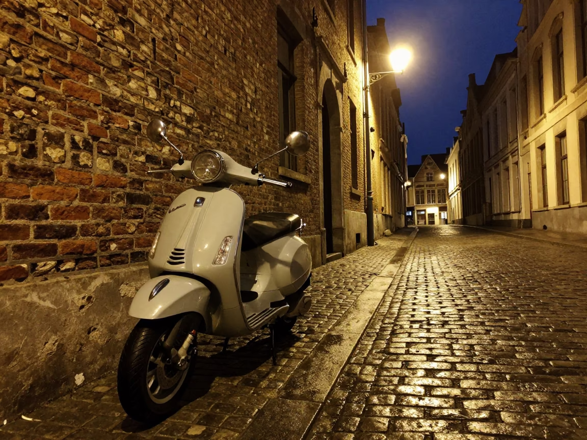 Late Night Brussels Cobblestone Street with Vintage Vespa and Wet Pavement Reflections in in Brussels, Belgium