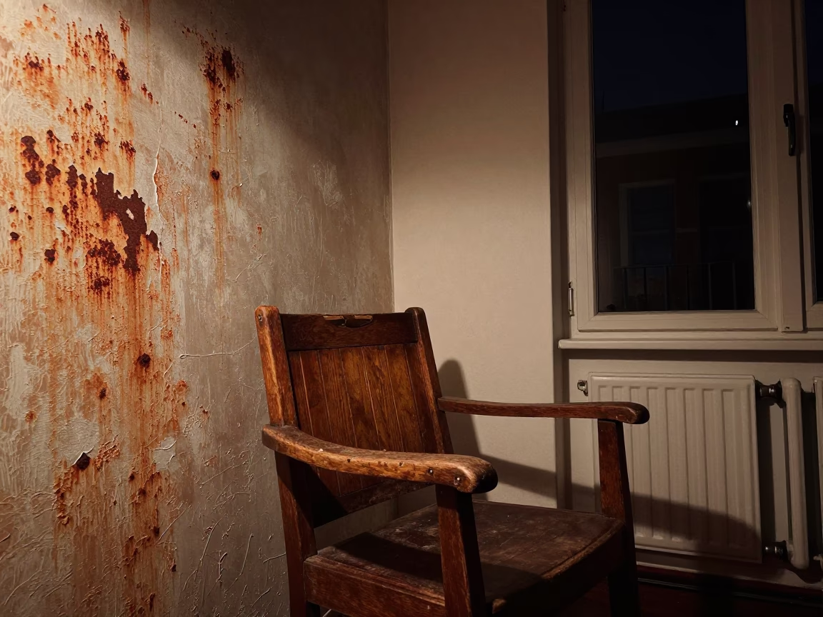Late Night Brussels Interior Scene with Rusty Wall and Wooden Armchair in in Brussels, Belgium