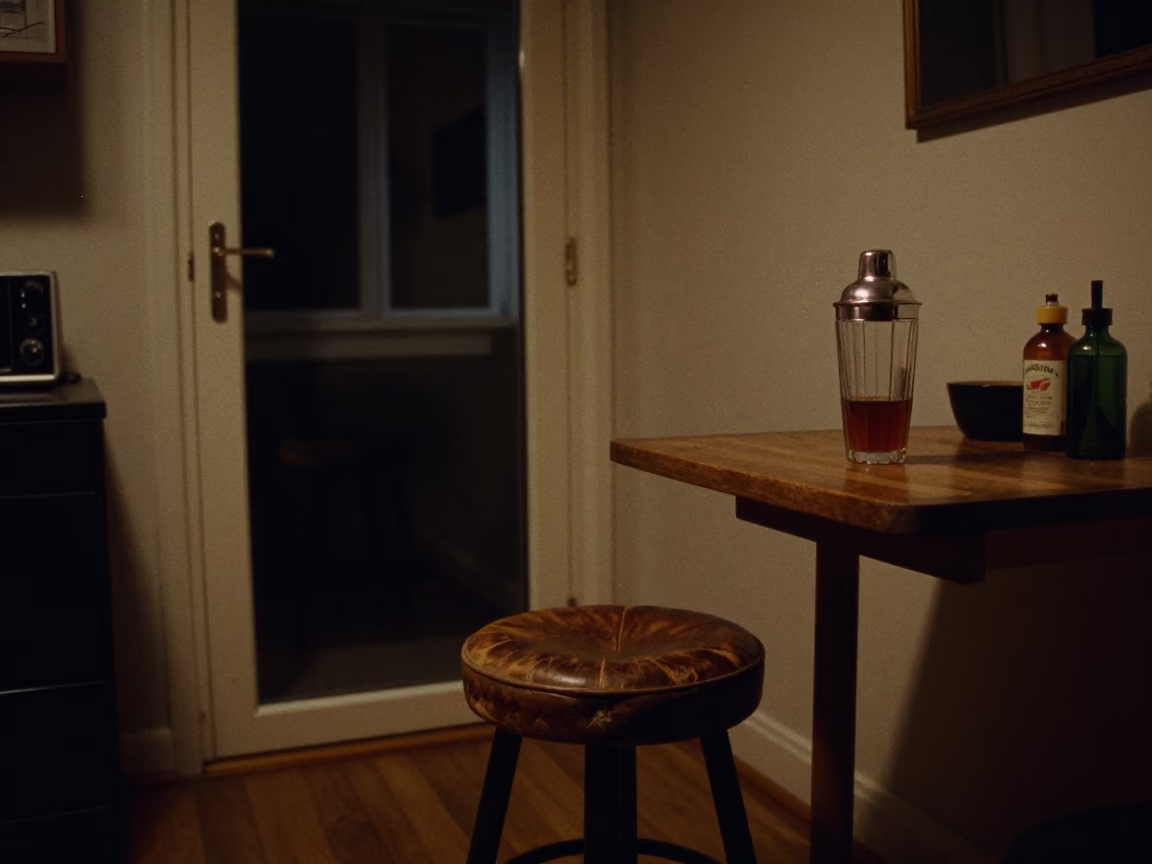 Late Night Brussels Interior with Vintage Cocktail Shaker and Kitchen Stool in in Brussels, Belgium