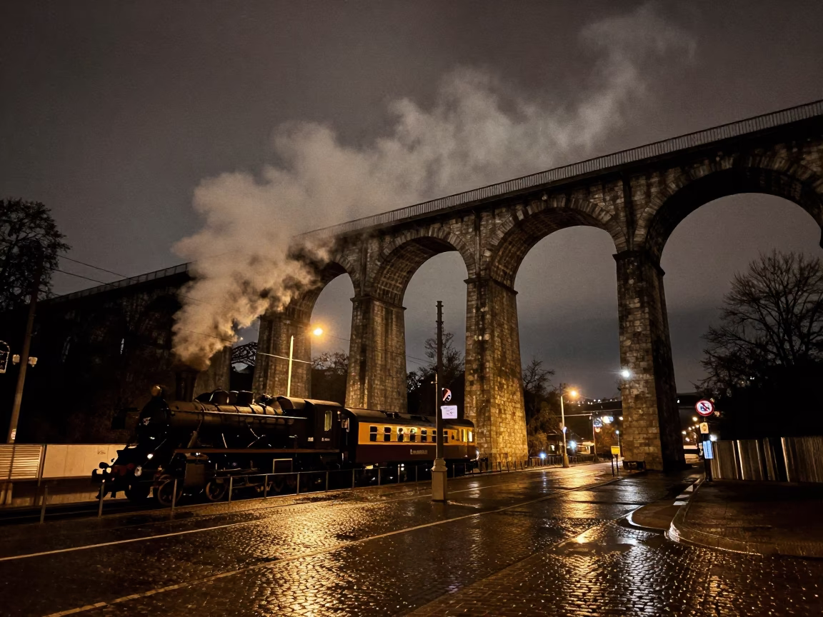 Late Night Brussels Railway Viaduct with Steam Train Crossing Arches Under Streetlights in in Brussels, Belgium