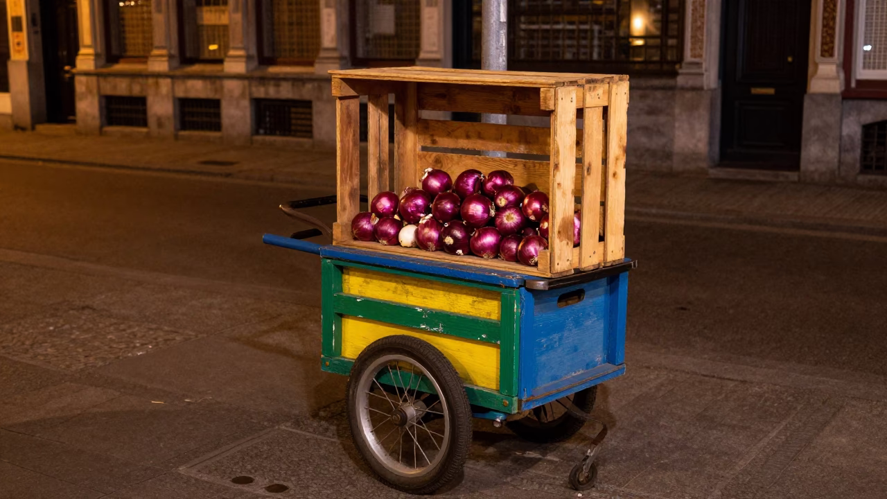 Late Night Brussels Street Corner with Colorful Painted Crate and Onion Vendor in in Brussels, Belgium