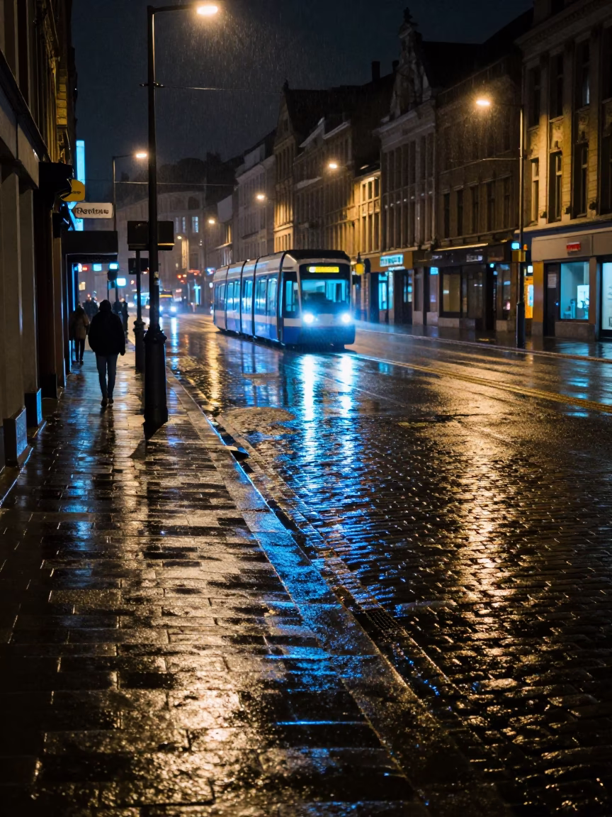 Late Night Brussels Street Corner with Neon Reflections and Urban Details in in Brussels, Belgium