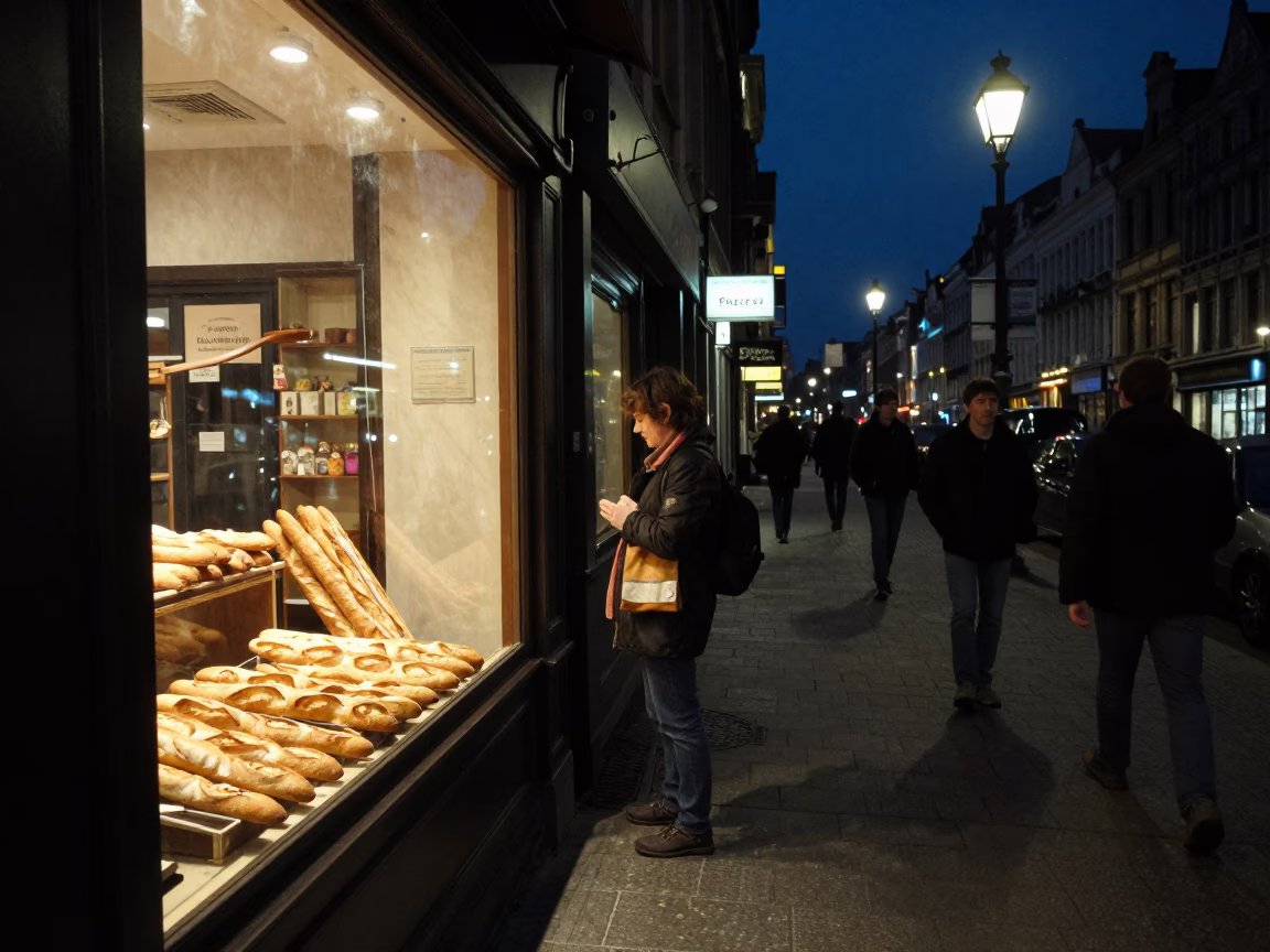 Late Night Brussels Street Scene with Baguettes and Urban Neon Lights in in Brussels, Belgium