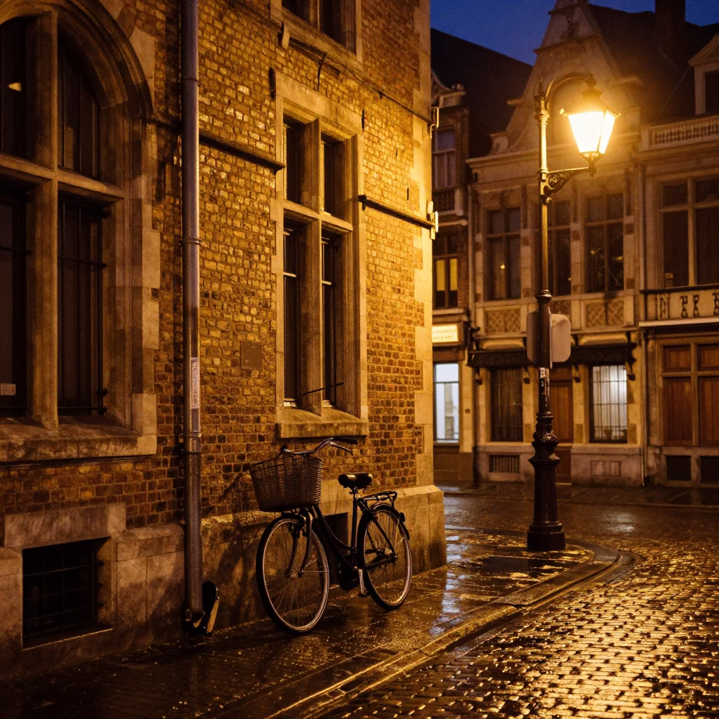 Late Night Brussels Street Scene with Bicycle Basket and Lockable Cash Box in in Brussels, Belgium