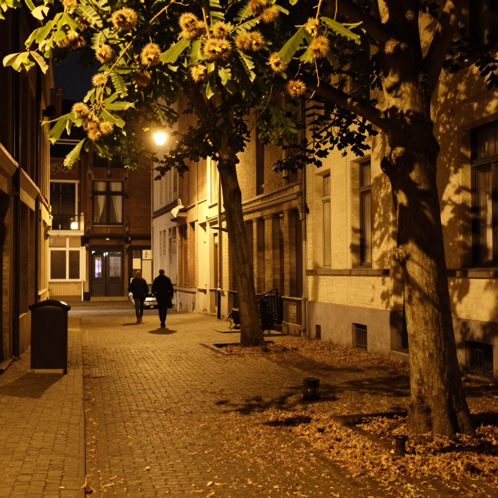 Late Night Brussels Street Scene with Chestnut Husks and Cobblestone Alleyway in in Brussels, Belgium