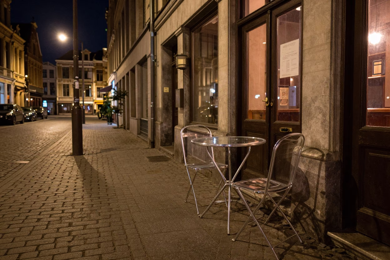 Late Night Brussels Street Scene with Clear Glass Runner and Urban Architecture in in Brussels, Belgium