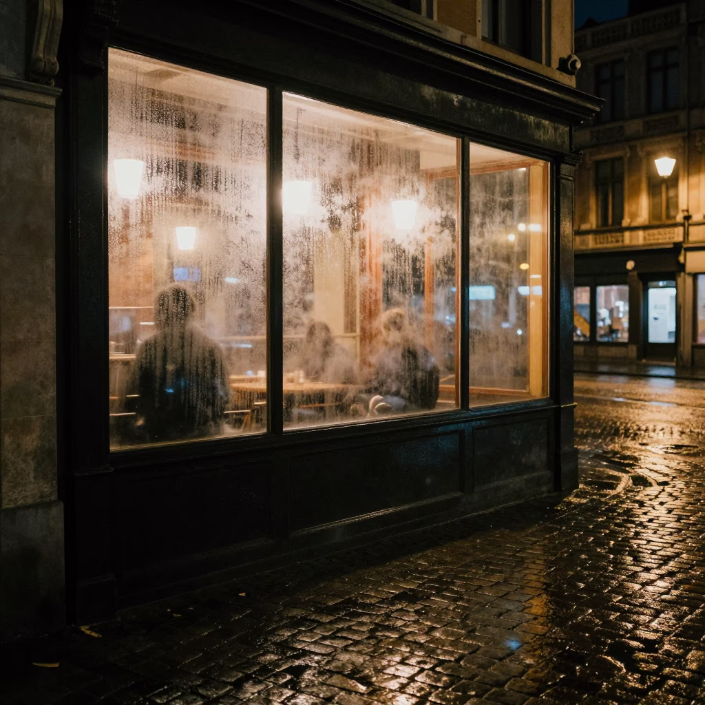 Late Night Brussels Street Scene with Condensation and Urban Decay in in Brussels, Belgium