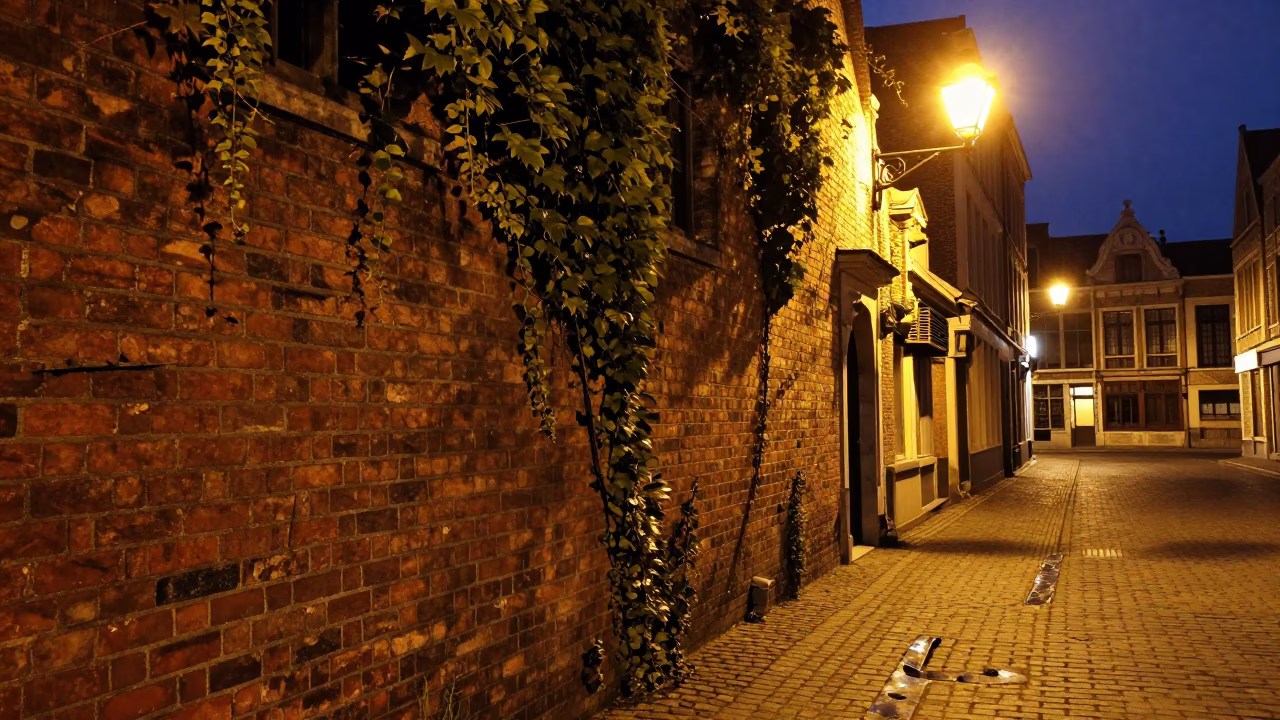 Late Night Brussels Street Scene with Dented Metal Rim and Ivy Climb in in Brussels, Belgium