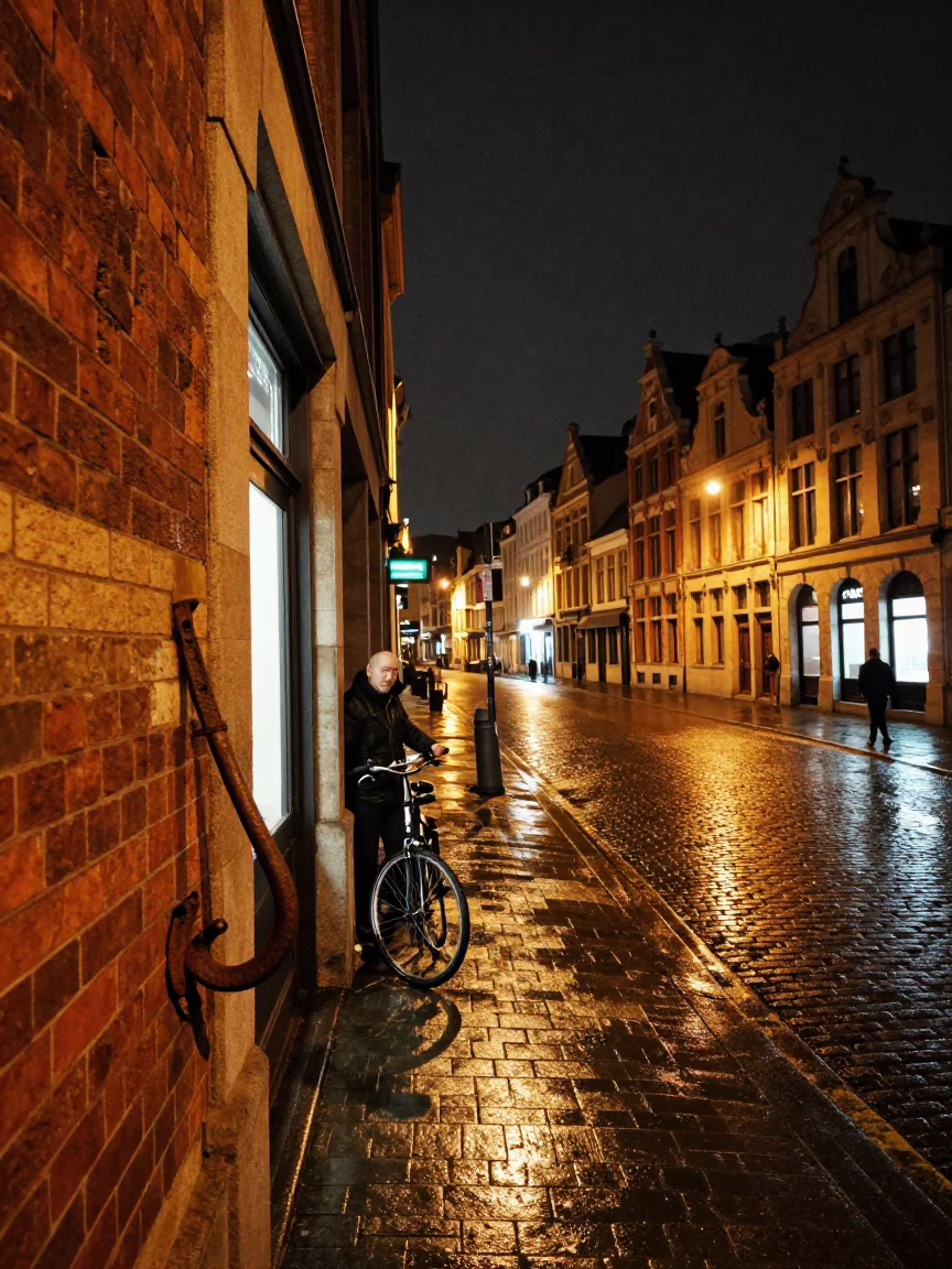 Late Night Brussels Street Scene with Iron Hook and Guitar Case in in Brussels, Belgium