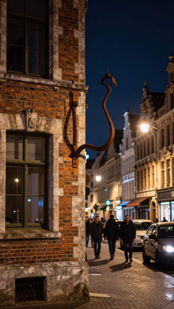 Late Night Brussels Street Scene with Iron Hook and Wet Cobblestones in Belgium in in Brussels, Belgium