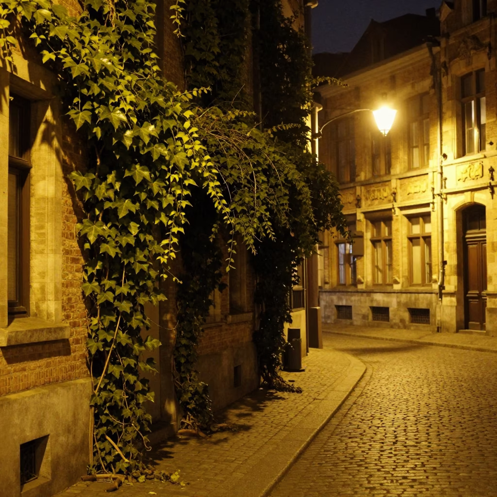 Late Night Brussels Street Scene with Ivy Vines and Rusty Door Latch in in Brussels, Belgium