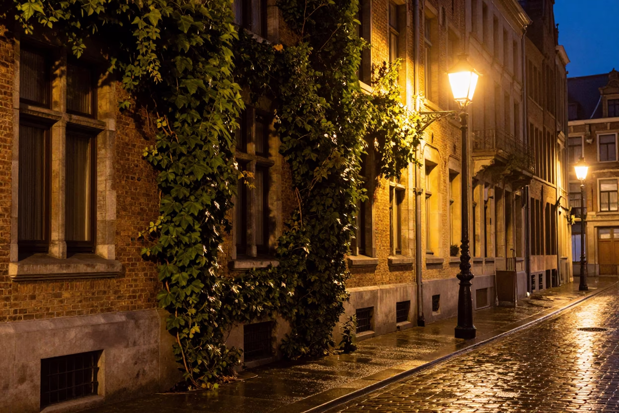 Late Night Brussels Street Scene with Ivy Vines and Wet Cobblestones in in Brussels, Belgium