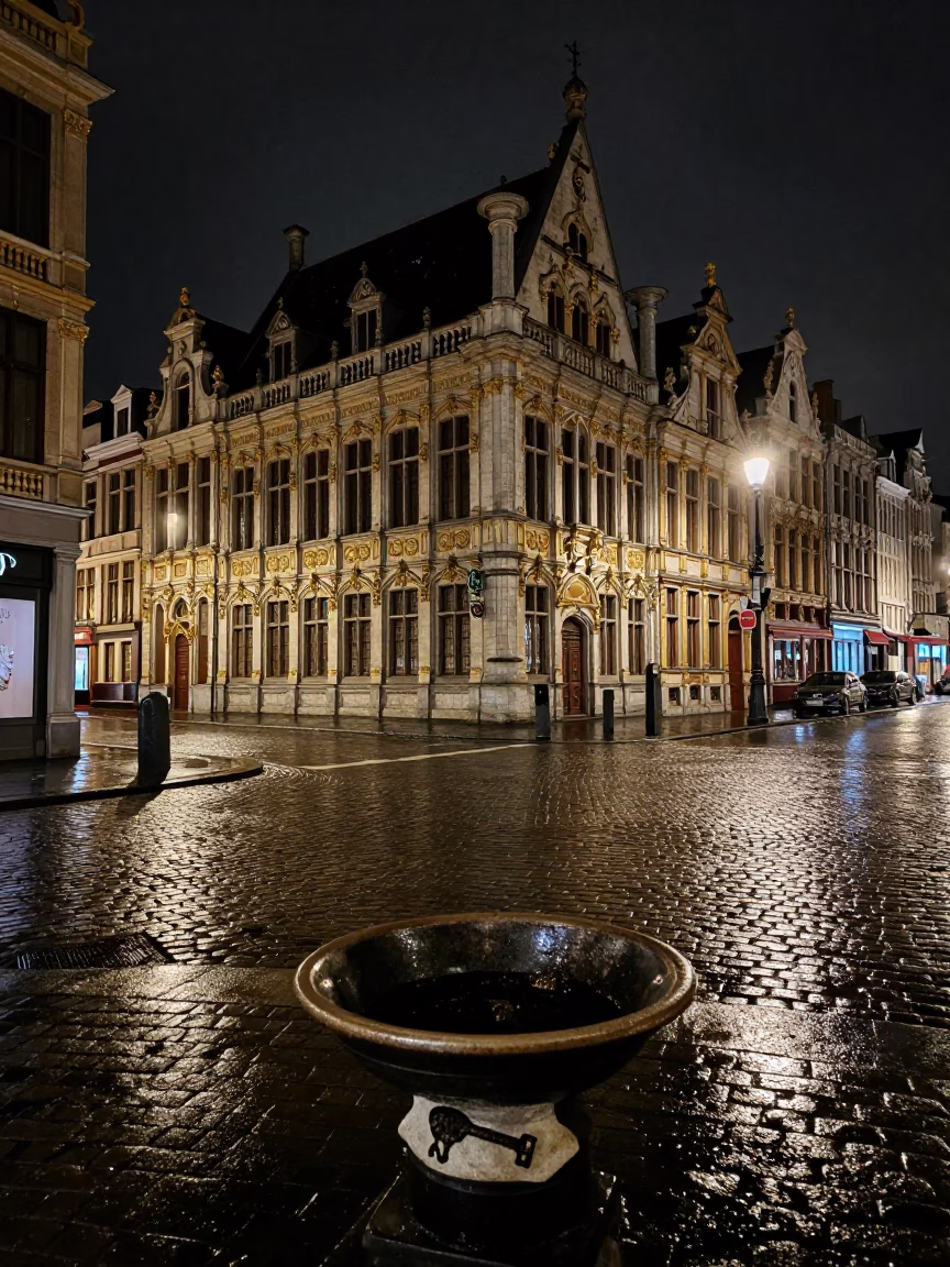 Late Night Brussels Street Scene with Key Bowl and Carrots on Cobblestone in in Brussels, Belgium