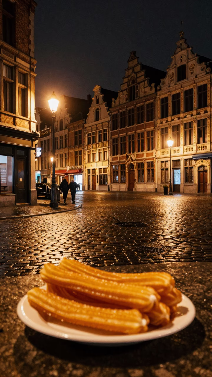 Late Night Brussels Street Scene with Plate of Churros and Dulce de Leche in in Brussels, Belgium
