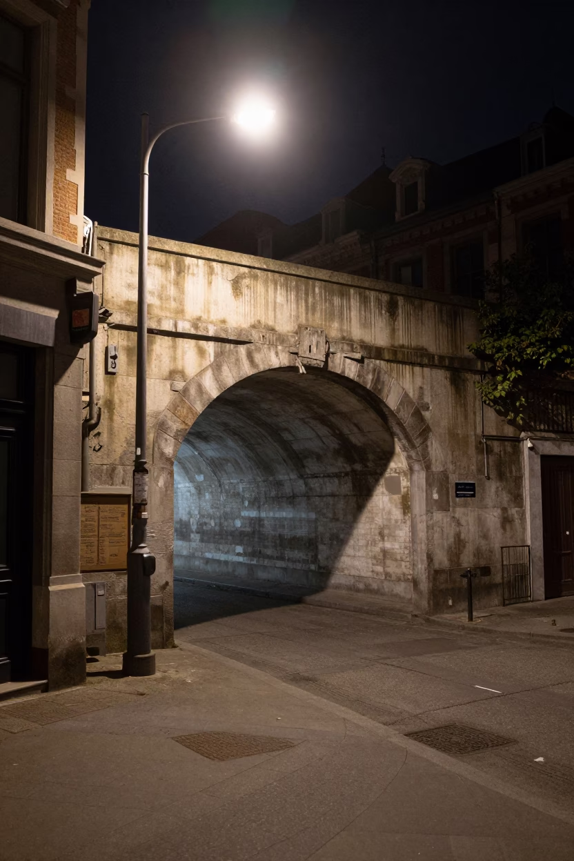 Late Night Brussels Street Scene with Rustic Tunnel Wall and Urban Details in in Brussels, Belgium