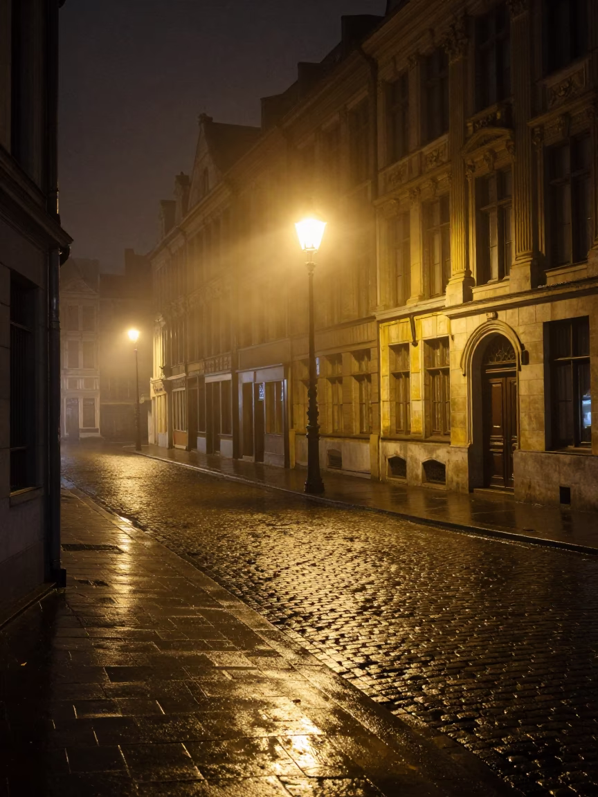 Late Night Brussels Street Scene with Steam Haze and Wet Cobblestones in in Brussels, Belgium