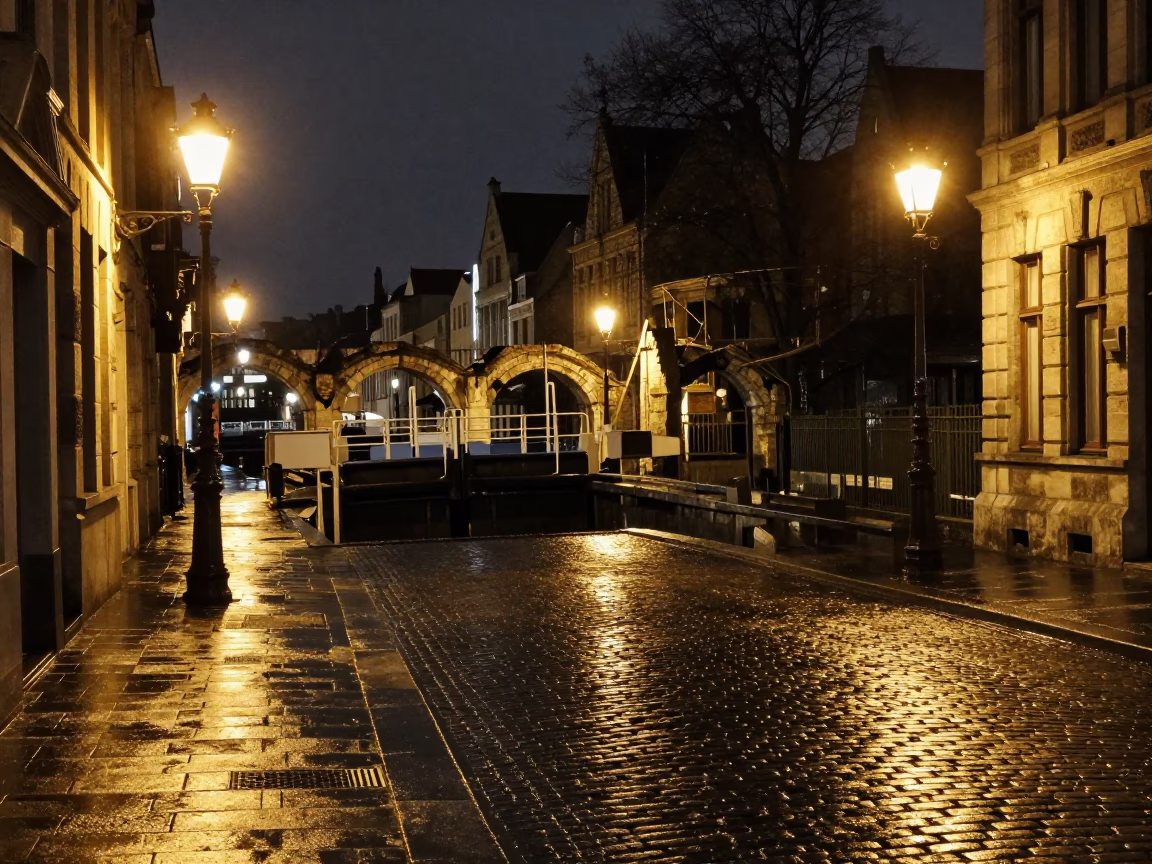 Late Night Brussels Street Scene with Vintage Cobblestones and Canal Lock Details in in Brussels, Belgium