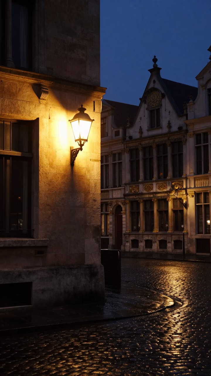 Late Night Brussels Street Scene with Wall Sconce and Water Taxi Reflections in in Brussels, Belgium