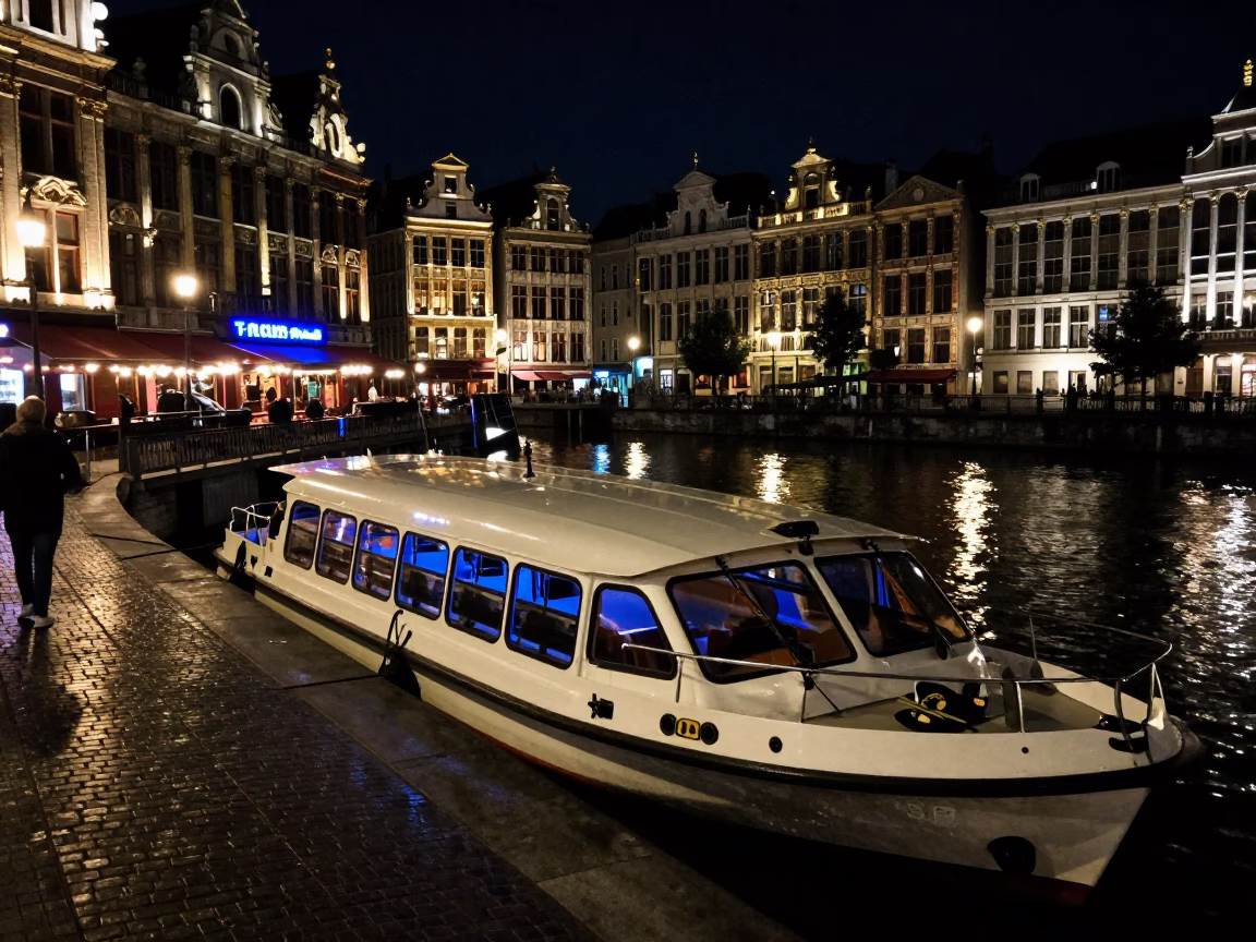 Late Night Brussels Street Scene with Water Taxi and Neon Lights in in Brussels, Belgium