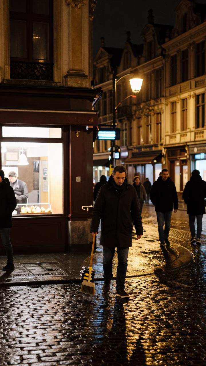 Late Night Brussels Street Scene with Wet Cobblestones and City Lights in in Brussels, Belgium