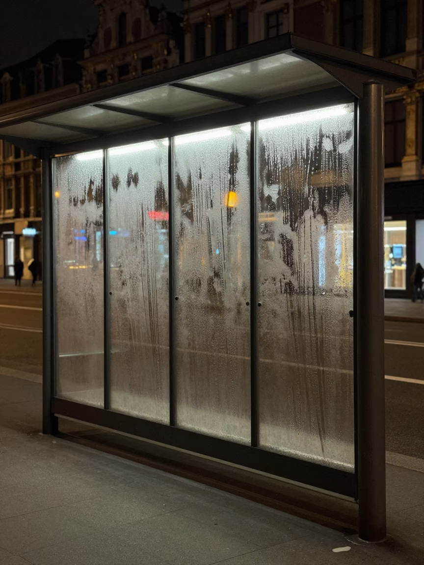 Late Night Brussels Tram Stop with Condensation on Glass and Street Lights in in Brussels, Belgium